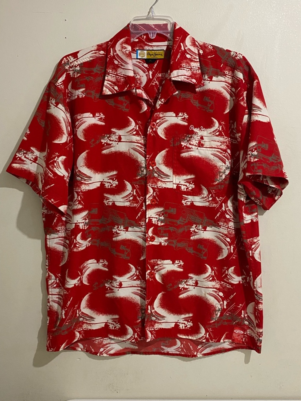 Pepe Jeans Red & White Abstract-Print Short-Sleeve Button-Down Shirt Pocket Logo